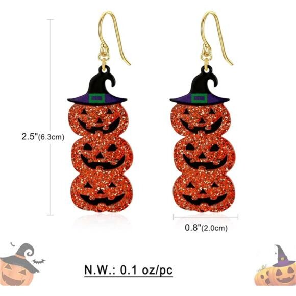 WOWORAMA Triple Pumpkin Dangle Earrings | Glitter Jack-O’-Lantern & Witch Hat - Picture 6 of 6